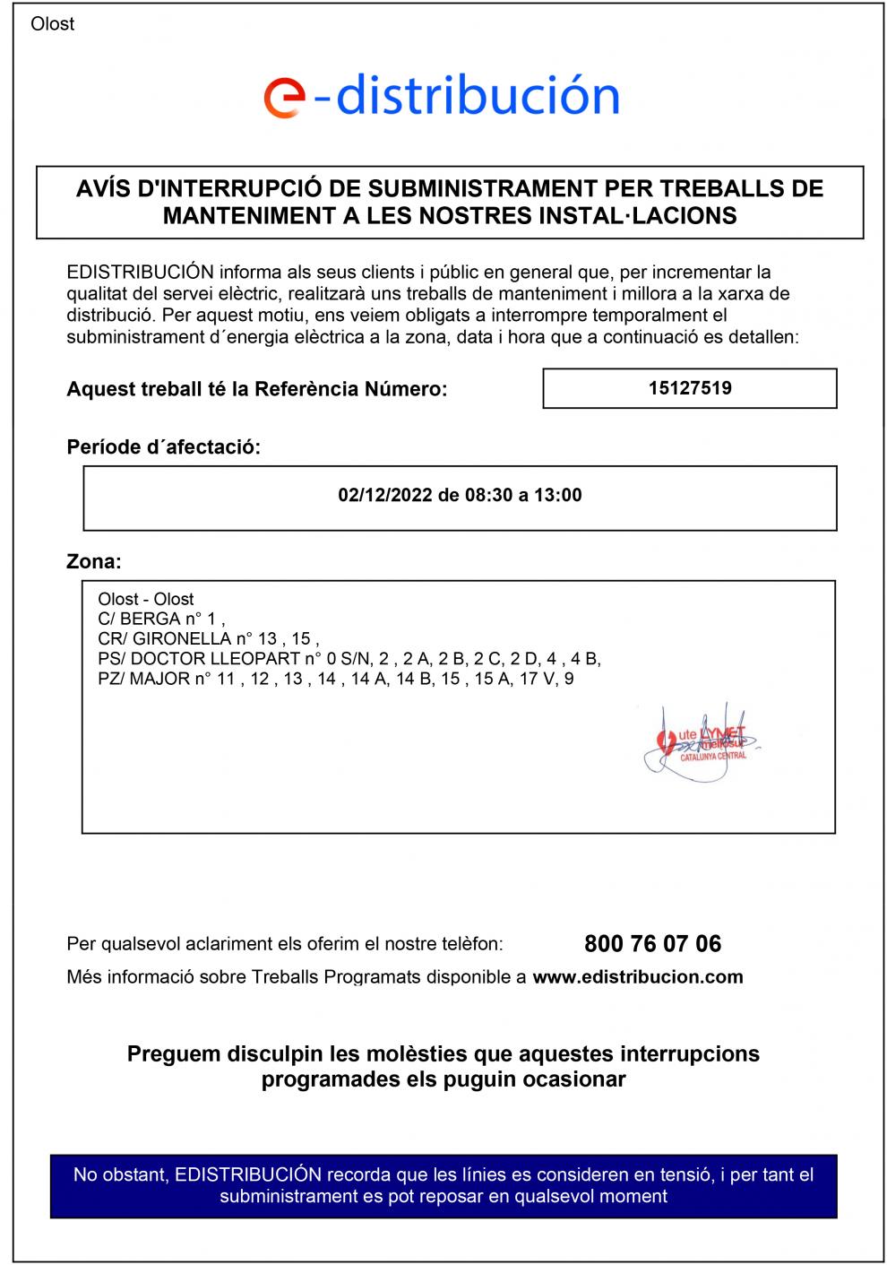 AVÍS INTERRUPCIÓ DE SUBMINISTRAMENT ELÈCTRIC DIVENDRES 2 DE DESEMBRE